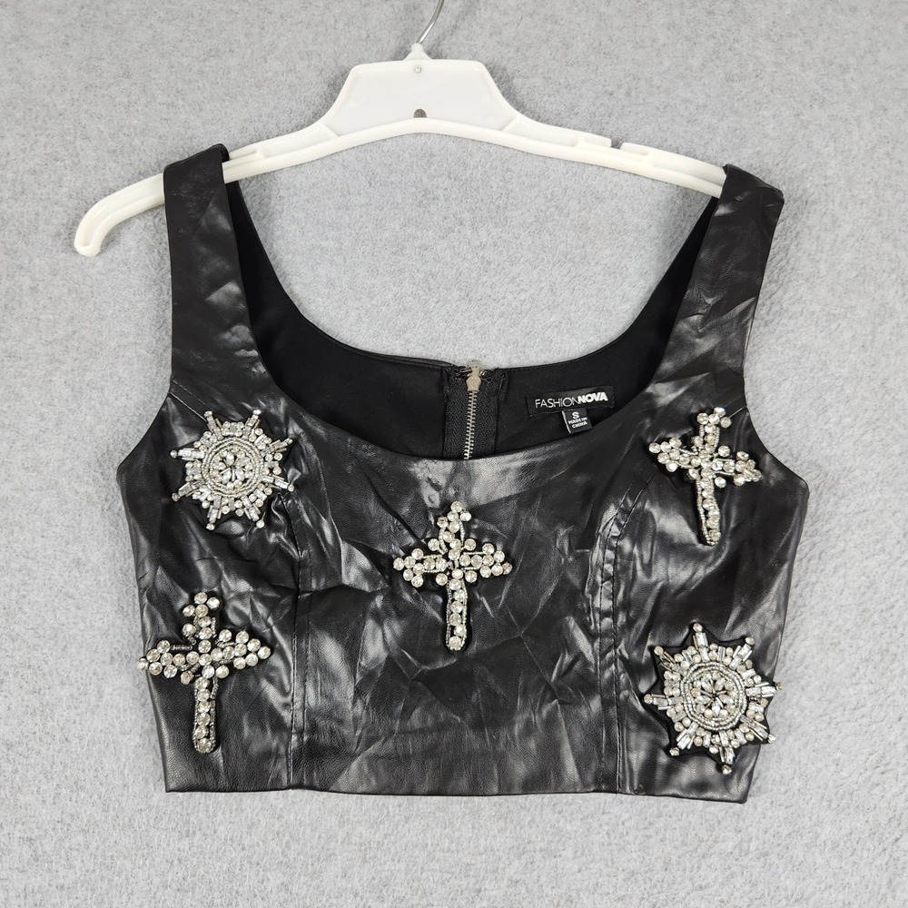 Fashion Nova Crop Top Womens Small Black Rhinestone Festival Wide Strap Wide Leg